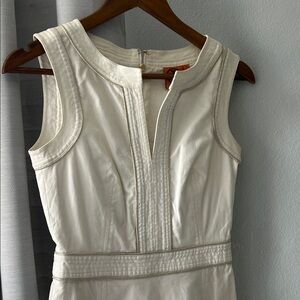 Tory birch, white denim sheath dress no sleeve zipper in the back gold accents
